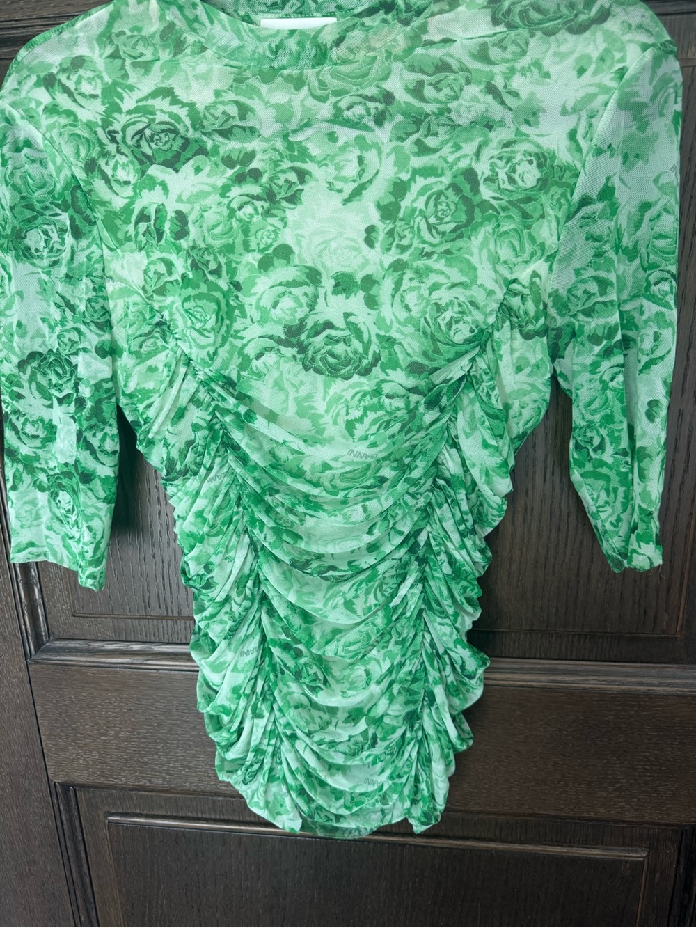 GANNI Green Floral Ruched Blouse
